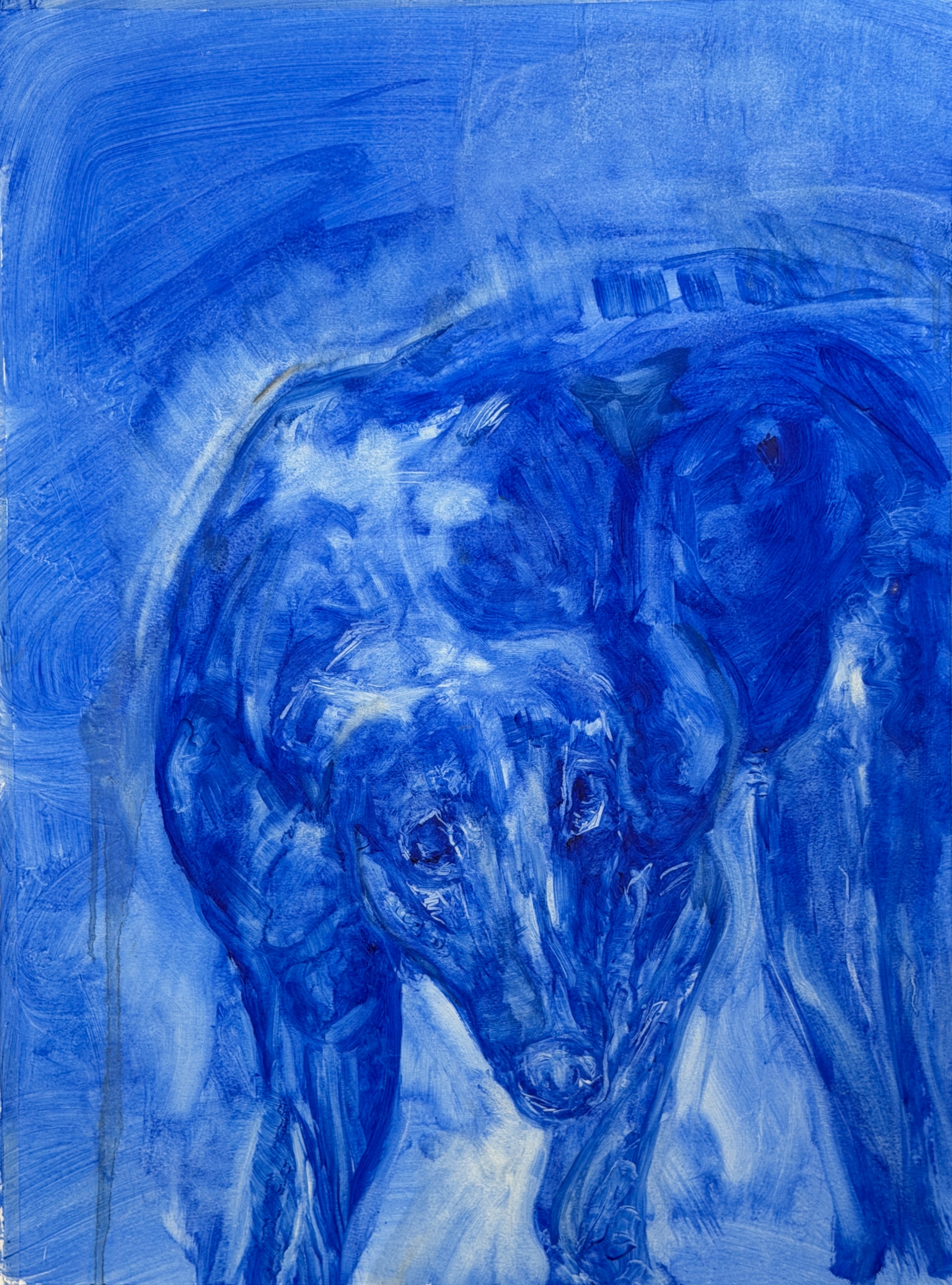 Painting in shades of blue of a dog standing with its head lowered toward the viewer.