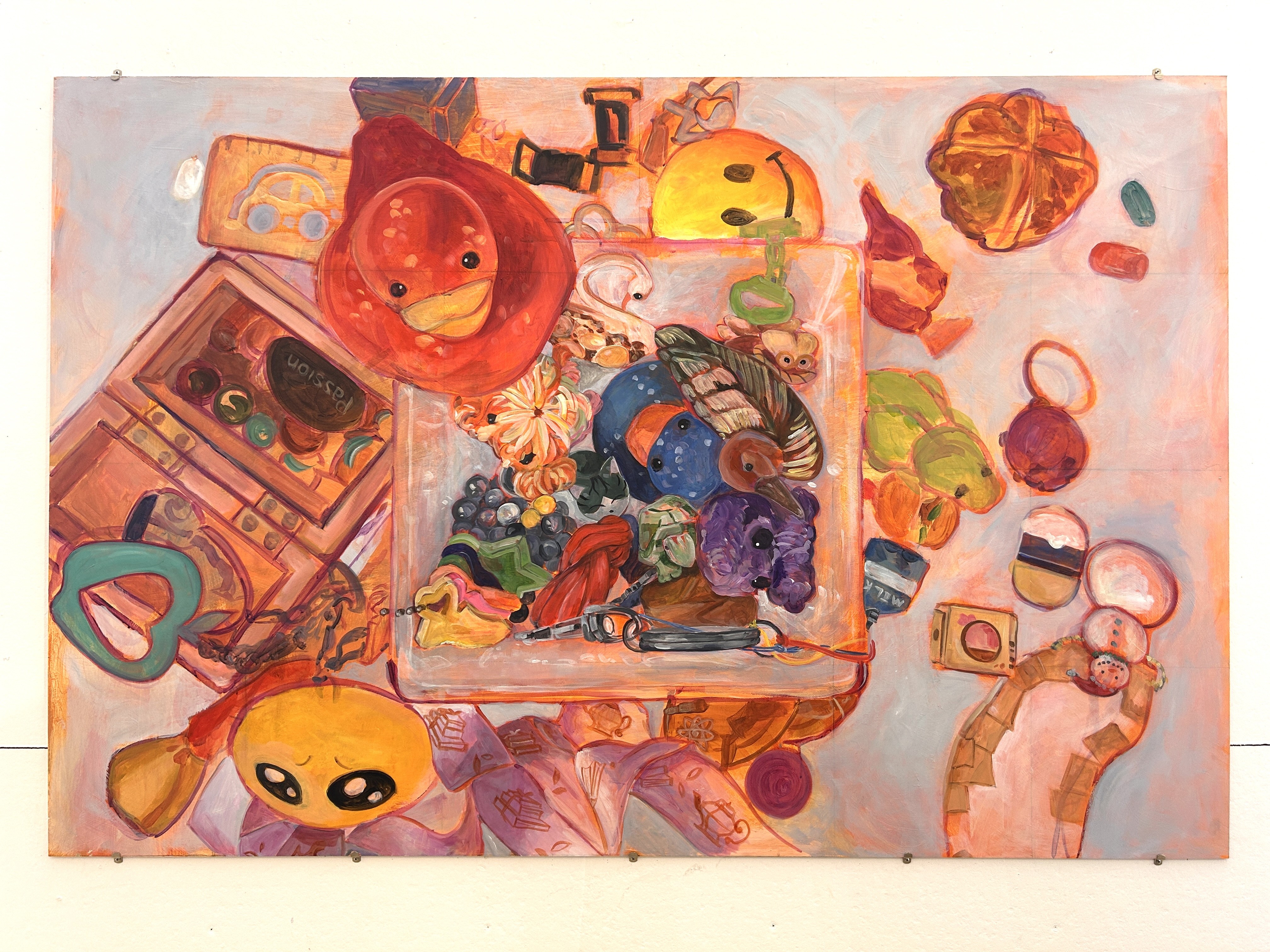 Painting of a tabletop crowded with toys and household objects, seen from above.