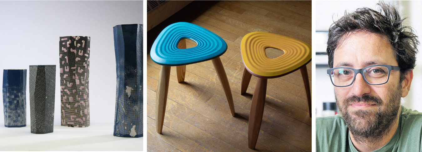 Yonatan Hopp and images of his designs, including triangle shaped stool and textured columns
