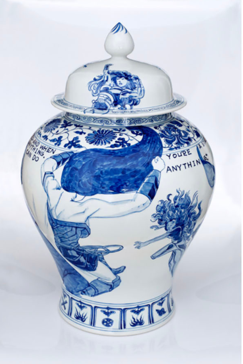 Blue and white decorated urn