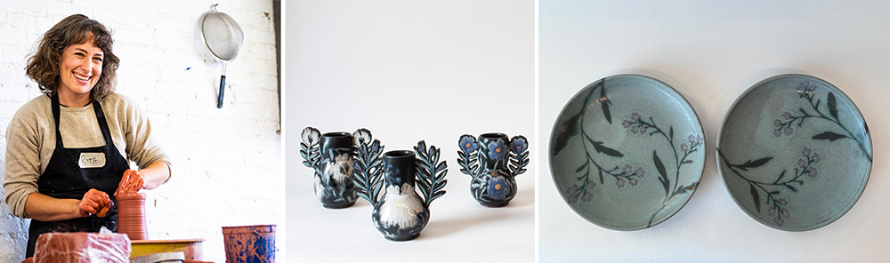 Ruth in studio left, 3 vases middle, 2 plates on right
