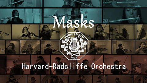 Various photos of musicians tiled on background. The text in the foreground reads "Masks, Harvard-Radcliffe Orchestra"