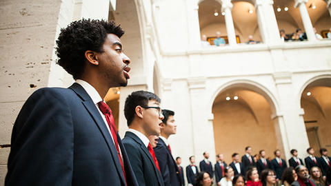 Students singing in the Harvard Art Musuems