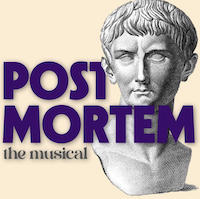 Post Mortem Poster with a head of a Greek god and the play title