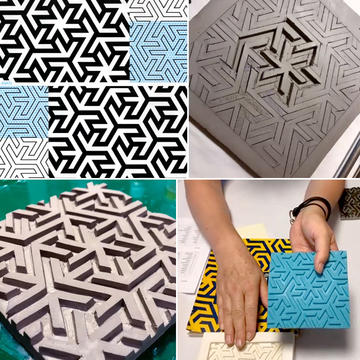 grid with images from Tile class, different tiles being carved and a silicon prototype with mold.