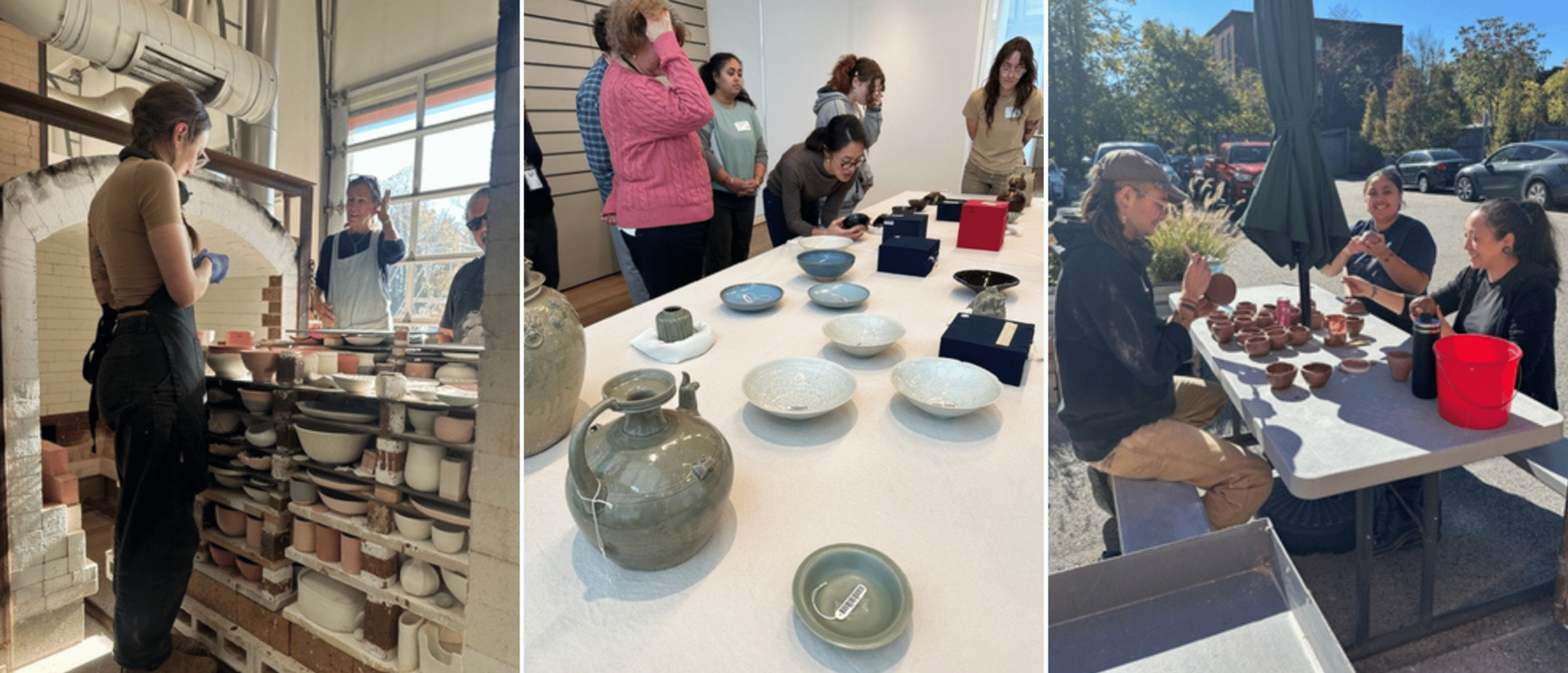 collage of three scenes from Tech Training: loading a kiln; looking at pottery in the art study center at Harvard Art Museums; and working on a group pottery project.