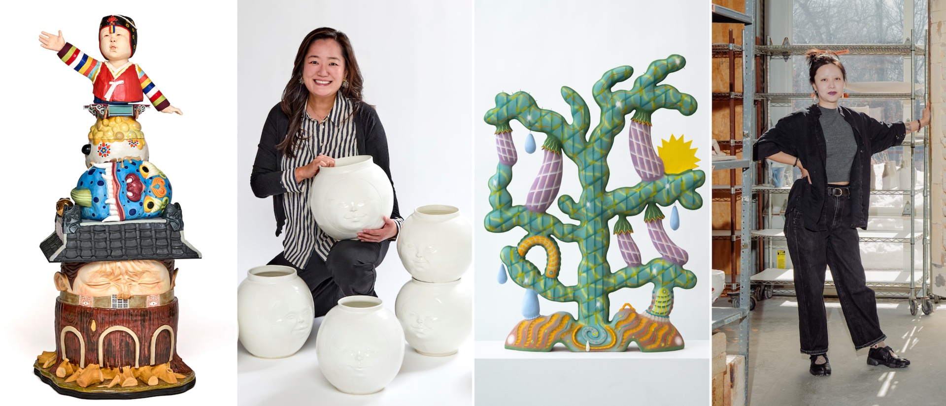 collage of four photos of artists Kyungmin Park and Chenlu Hou and their sculptures.